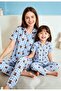 Mother & Daughter Matching Pajama Set Blue White Plaid Teddy Bear Pattern Milan Fabric Shirt Collar Short Sleeves (Sold Separately) Mother's Day - 3