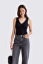 Women's Black Bamboo Satin V-Neck Thick Strap Standard Length Tank Top - 2