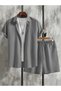 Men's Gray Short Sleeve Shirt and Shorts Wrinkled Crinkle Set - 2