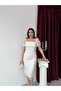 White Square Neck Balloon Sleeve Sequin Embroidered Midi Evening Dress - 2