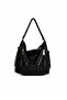 Washed Leather Shoulder Bag with Both Hem and Sleeve Details, Black