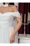 White Shoulder Scarf Detailed Lace Fabric Short Evening Dress - 5