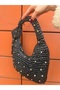 Women's Straw Weave Stone Detailed Black Mini Shoulder Bag – Shiny Beaded Summer Bag - 3