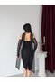 Black Stone Embroidered Lace Midi Evening Dress with Scarf and Gloves - 7