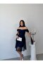 Navy Blue Shoulder Scarf Detailed Lace Fabric Short Evening Dress - 2