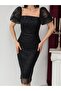 Black Square Neck Balloon Sleeve Sequin Embroidered Midi Evening Dress - 6
