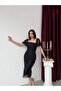 Black Square Neck Balloon Sleeve Sequin Embroidered Midi Evening Dress - 3