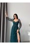 Emerald Heart Collar Corset Detailed Front Tie Lace Evening Dress - 4