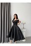 Black Strappy Low Sleeve Organza Midi Dress with Belt Detail - 3