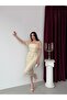 Beige Square Neck Balloon Sleeve Sequin Embroidered Midi Evening Dress - 4