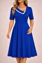 Women's Short Sleeve Asymmetrical Collar Detailed Midi Janjan Crepe Dress - 3