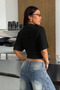 Women's Black Short Sleeve Fitted Waist Loose Sleeves Cropped Polo Collar T-Shirt Basic - 6