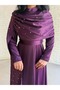 Women's Satin Long Stone-Embellished Cape Dress - 5