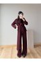 Burgundy Belted Lace Detailed Blouse and Trousers Set - 8006 - 4