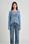 Light Blue Openwork Tasseled V-Neck Seasonal Cotton Women's Knitwear Blouse