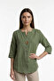 Women's Khaki Green Large Size Big Single Button Washed Cotton Linen Folded Sleeve Shirt Blouse