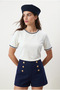 Women's Marine Collar Embroidered 100% Cotton Short Sleeve White Knitted T-Shirt