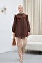 Cupra Shirt with Tie Collar and Elastic Sleeves with Ruffles -Brown - 5