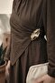 Gathered Collar Gold Buckle Brown Dress - 2
