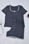 Anthracite Bow Lace Detailed Viscose Soft Tuşe Plus Size Pajama Set Tbbss26Ai00044 - 3
