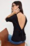 Black Plain Regular Boat Neck Low Sleeve Short Long %100 Cotton Knitted T-Shirt Twoss26Ts00247