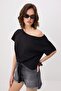 Black Plain Relaxed Asymmetric Collar Low Sleeve Short 100% Cotton Knitted T-Shirt Twoss26Ts00248 - 2