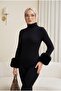 Fur-Trimmed Sleeve, Half-Collar, Snap-Button Zibın Blouse - Black - 3