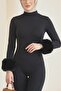 Fur-Trimmed Sleeve, Half-Collar, Snap-Button Zibın Blouse - Black