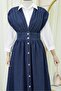 Button-Through V-Neck Sleeveless Denim Pinafore - Navy - 6