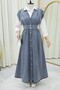Height Buttoned V-Neck Sleeveless Denim Pinafore - Ice Blue - 3