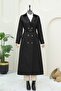 Double Button Belted Trench Coat - Black - 7