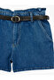 High Waist Pocketed Cotton Belted Denim Shorts - 6