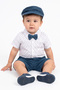 Baby Boy White Blue Patterned Shirt, Hat, Bow Tie and Shorts Set