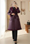 Belted Leather Coat with Double Pockets and Fur Inside - Plum