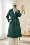 Belted Leather Coat with Double Pockets and Fur Inside - Emerald
