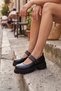 Black Genuine Leather Double Strap Serrated Thick Sole Buckle Women's Loafer Shoes - 2