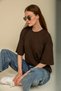 Women's Oversize Crew Neck Thick Textured Dark Brown 100% Cotton Basic T-Shirt - 2