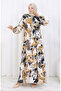 Modal Fabric Waist Tie Patterned Dress 0161-04 Milky Brown - 3