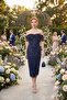 Women's Navy Blue Boat Neck Beaded Midi Evening Dress - 5