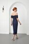 Women's Navy Blue Boat Neck Beaded Midi Evening Dress - 6
