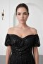 Women's Black Slim Fit Boat Neck Beaded Midi Flared Evening Dress - 3