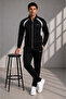 Men's Double Face Fabric Zippered Stand Collar Black Stone Tracksuit Set - 7942