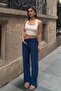 Women's Navy Blue Linen Textured Loose-Fit Palazzo Trousers - 2