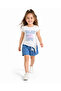 Girls' Top and Bottom Set Printed Ecru T-Shirt and Polka Dot Blue Shorts - 2