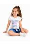Girls' Top and Bottom Set Printed Ecru T-Shirt and Polka Dot Blue Shorts - 3