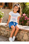 Girls' Top and Bottom Set Printed Ecru T-Shirt and Polka Dot Blue Shorts - 7