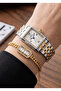 Women's Rectangular Silver Gold Roman Numeral Green Dial Metal Band Wrist Watch
