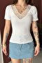 Women's Lace V-Neck Ribbed Knitted Blouse
