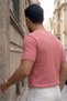 Men's Salmon Crew Neck Ribbed Knitted Straight Line Regular Fit Short Sleeve T-Shirt - 7