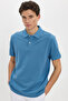 Men's Regular Fit Comfortable Cut 100% Cotton Plain Pique Blue Polo Neck T-Shirt - 7